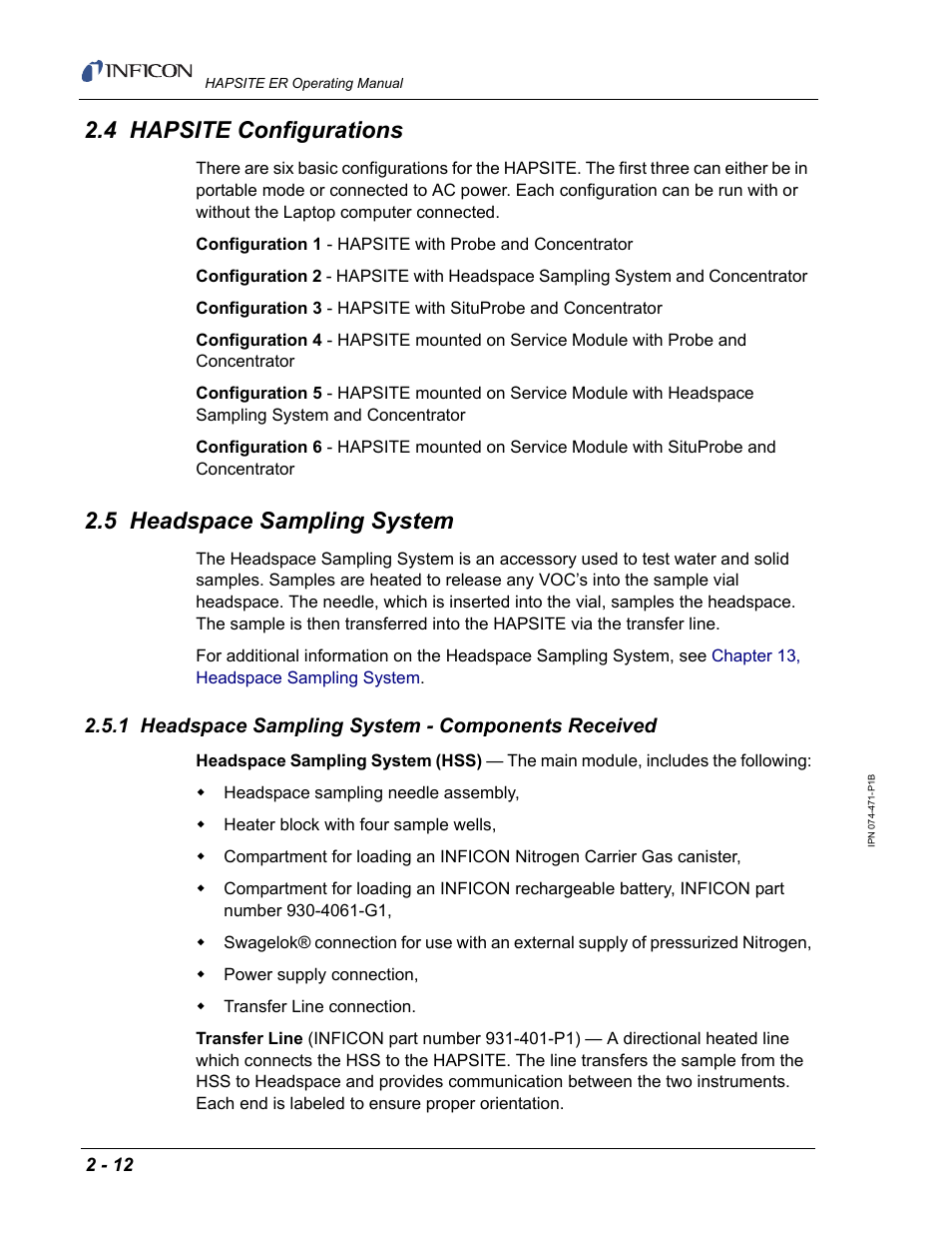 4 hapsite configurations, 5 headspace sampling system, 1 headspace sampling system - components received | INFICON HAPSITE ER Chemical Identification System User Manual | Page 50 / 560