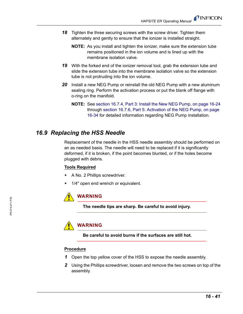 9 replacing the hss needle | INFICON HAPSITE ER Chemical Identification System User Manual | Page 517 / 560