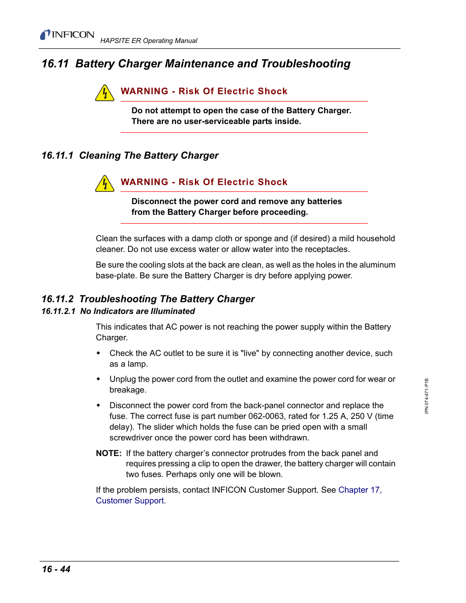 11 battery charger maintenance and troubleshooting, 1 cleaning the battery charger, 2 troubleshooting the battery charger | 1 no indicators are illuminated | INFICON HAPSITE ER Chemical Identification System User Manual | Page 520 / 560