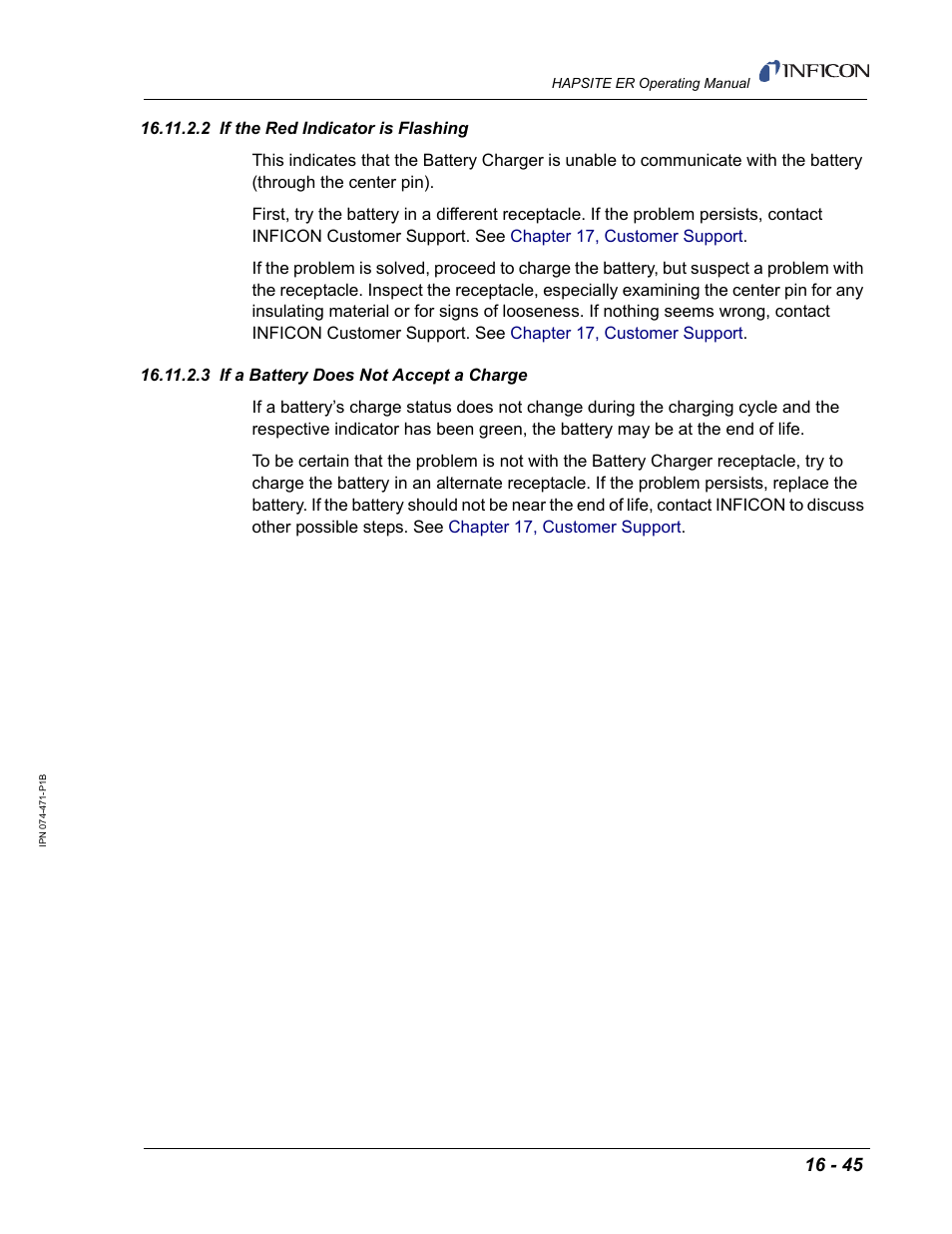 2 if the red indicator is flashing, 3 if a battery does not accept a charge | INFICON HAPSITE ER Chemical Identification System User Manual | Page 521 / 560