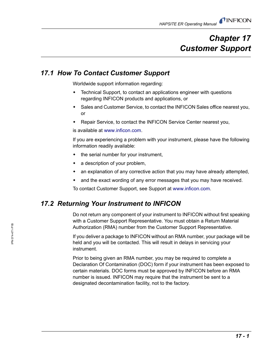 Chapter 17 customer support, 1 how to contact customer support, 2 returning your instrument to inficon | Chapter 17, Chapter, Rt. see, Chapter 17, customer support | INFICON HAPSITE ER Chemical Identification System User Manual | Page 523 / 560
