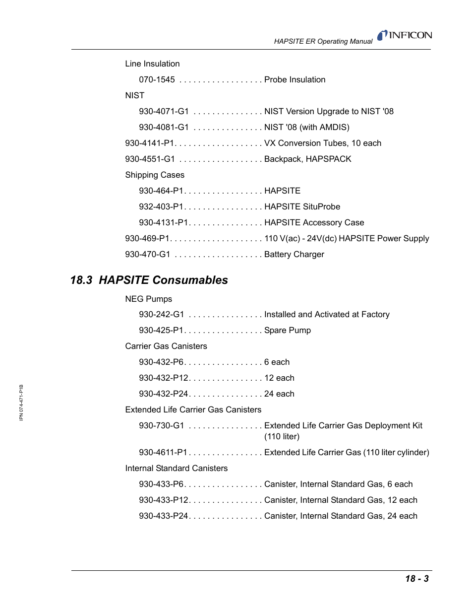 3 hapsite consumables | INFICON HAPSITE ER Chemical Identification System User Manual | Page 527 / 560