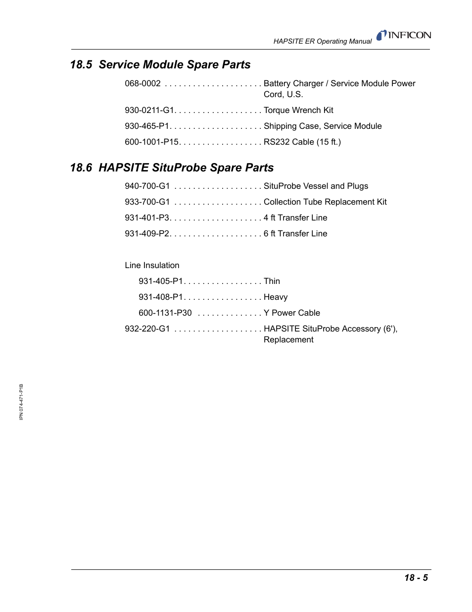 5 service module spare parts, 6 hapsite situprobe spare parts | INFICON HAPSITE ER Chemical Identification System User Manual | Page 529 / 560