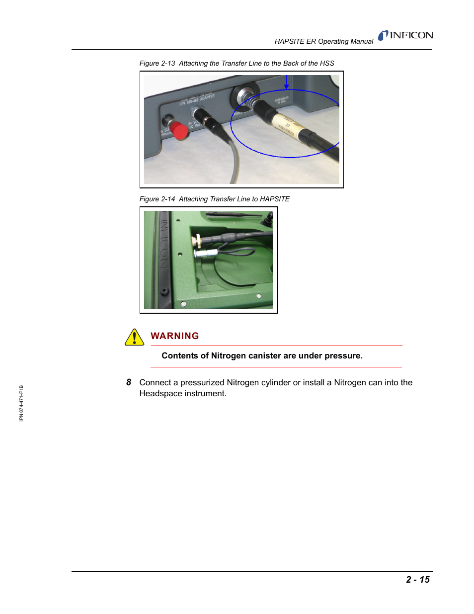 Warning, Contents of nitrogen canister are under pressure | INFICON HAPSITE ER Chemical Identification System User Manual | Page 53 / 560