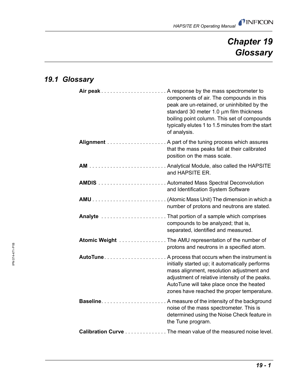 Chapter 19 glossary, 1 glossary, Chapter 19 | INFICON HAPSITE ER Chemical Identification System User Manual | Page 531 / 560