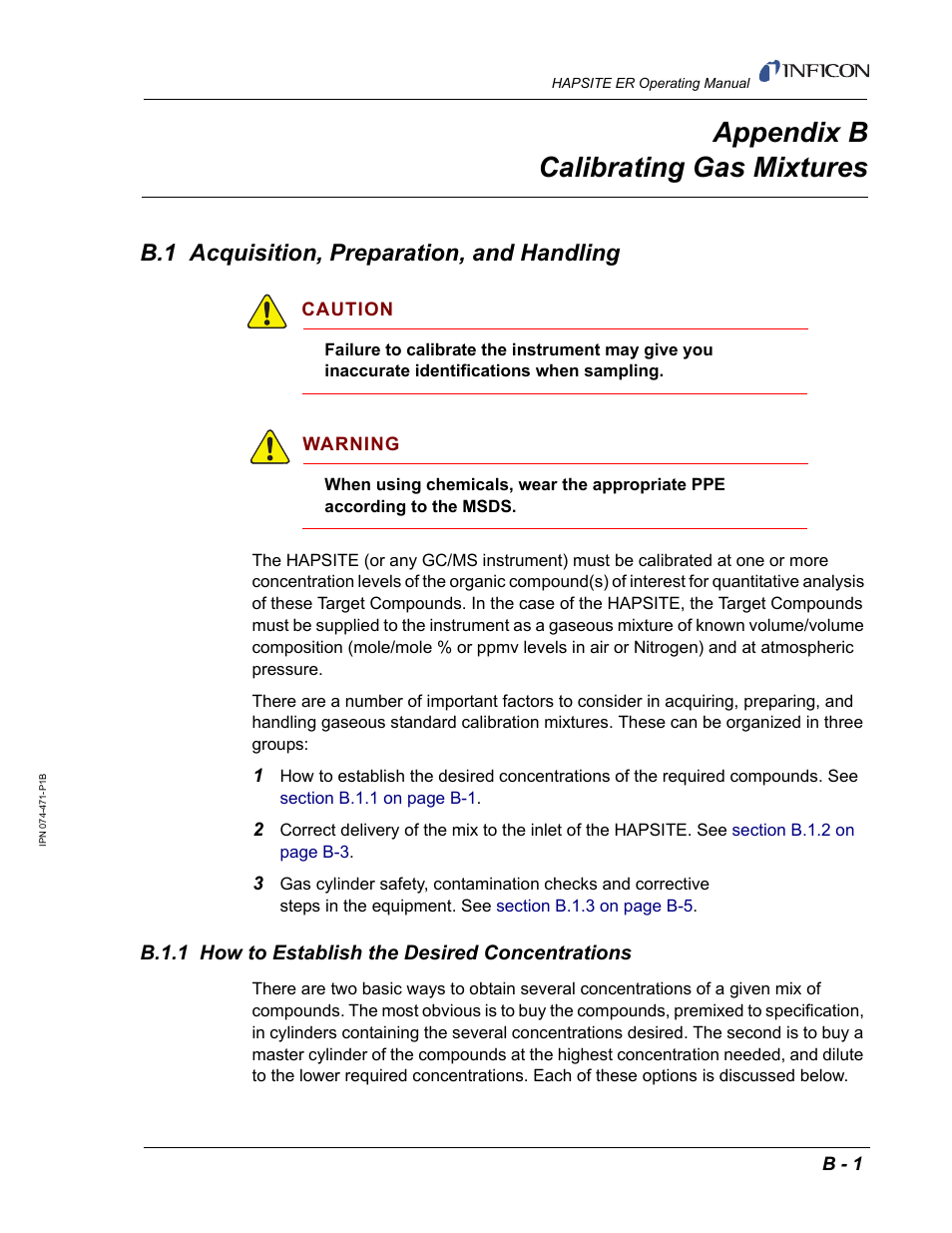 Appendix b calibrating gas mixtures, B.1 acquisition, preparation, and handling, B.1.1 how to establish the desired concentrations | Appendix b, B.1.1 | INFICON HAPSITE ER Chemical Identification System User Manual | Page 545 / 560