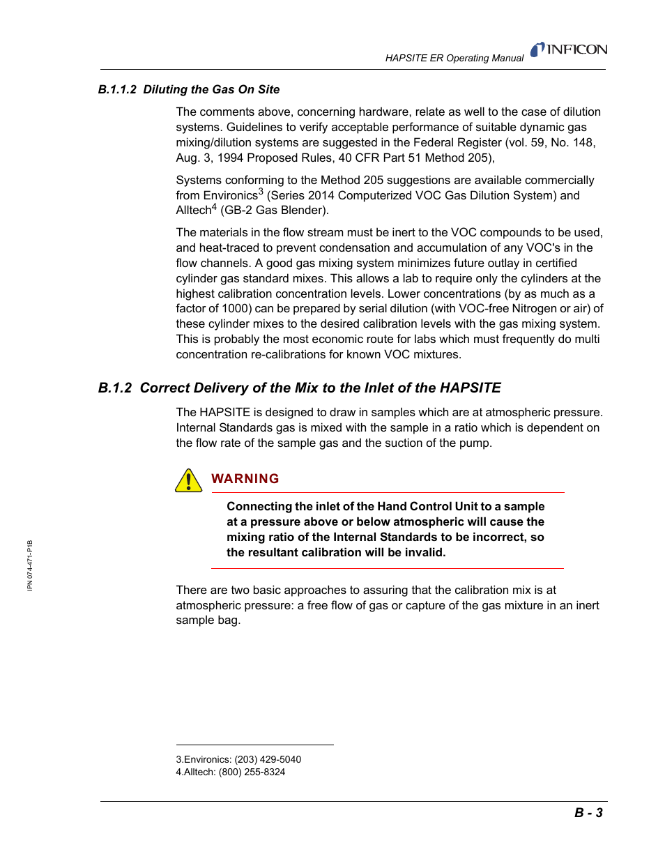 B.1.1.2 diluting the gas on site, B.1.1.2, B.1.2 | Section b.1.2 on, B - 3, Warning | INFICON HAPSITE ER Chemical Identification System User Manual | Page 547 / 560