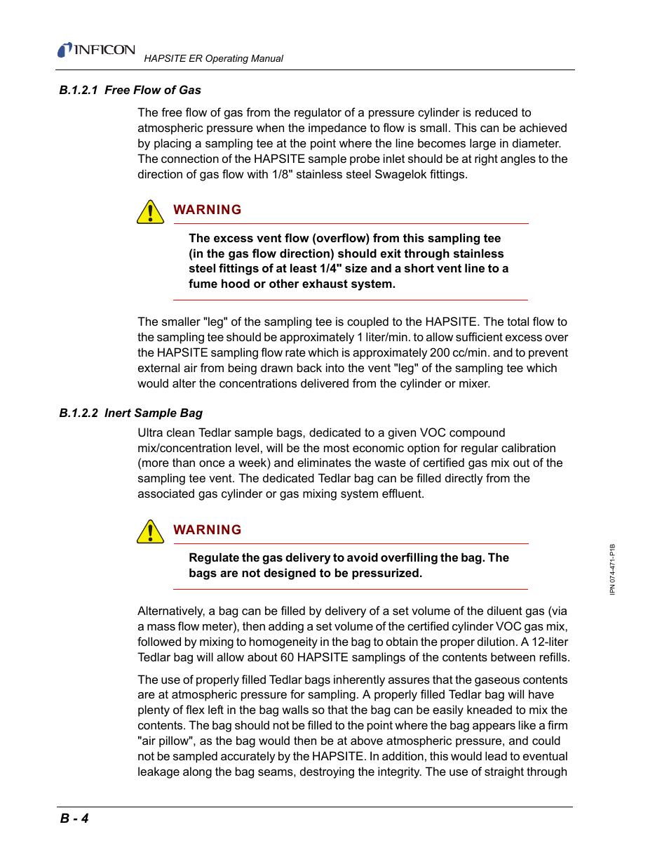 B.1.2.1 free flow of gas, B.1.2.2 inert sample bag, B.1.2.1 | B.1.2.2 | INFICON HAPSITE ER Chemical Identification System User Manual | Page 548 / 560