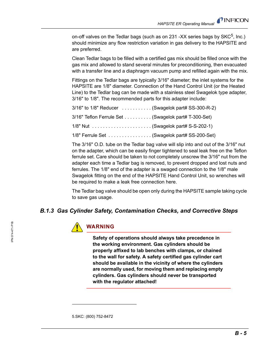 B.1.3, B - 5, Warning | INFICON HAPSITE ER Chemical Identification System User Manual | Page 549 / 560