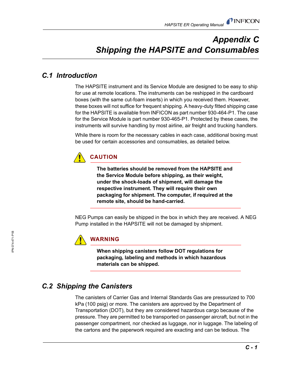 Appendix c shipping the hapsite and consumables, C.1 introduction, C.2 shipping the canisters | Appendix c | INFICON HAPSITE ER Chemical Identification System User Manual | Page 551 / 560