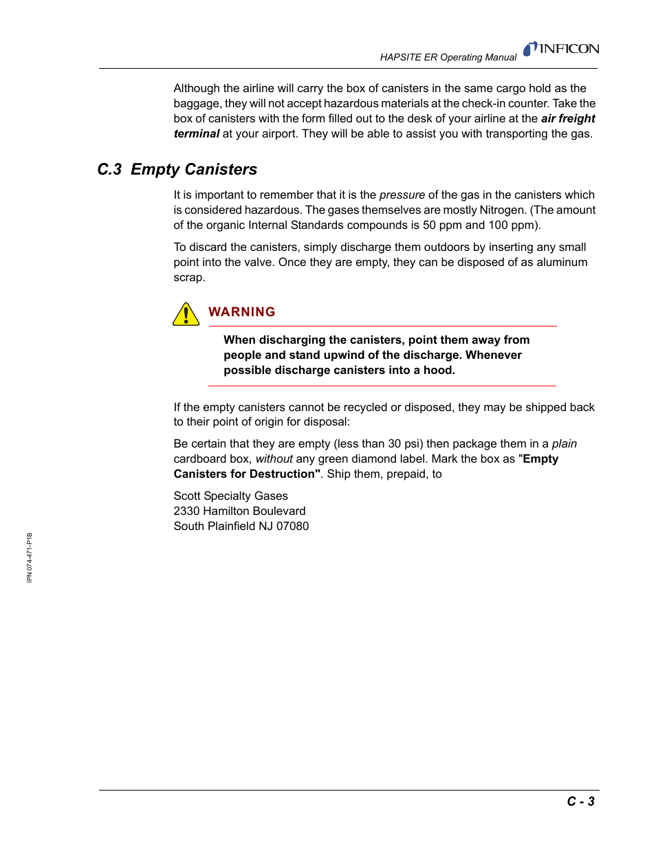 C.3 empty canisters, C - 3, Warning | INFICON HAPSITE ER Chemical Identification System User Manual | Page 553 / 560