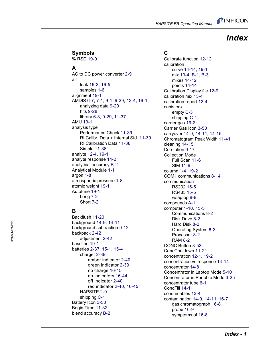 Index | INFICON HAPSITE ER Chemical Identification System User Manual | Page 555 / 560