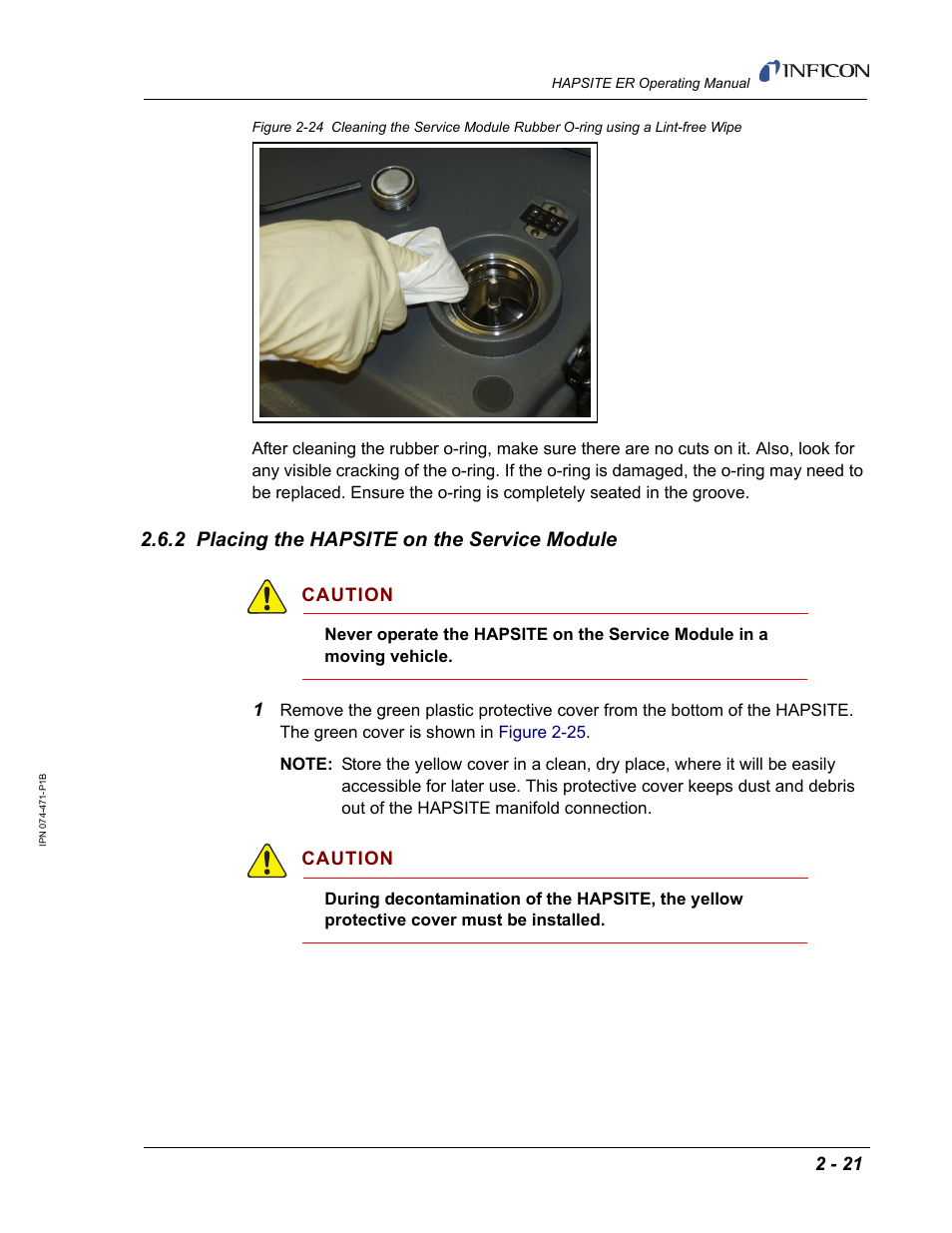 2 placing the hapsite on the service module, Caution | INFICON HAPSITE ER Chemical Identification System User Manual | Page 59 / 560