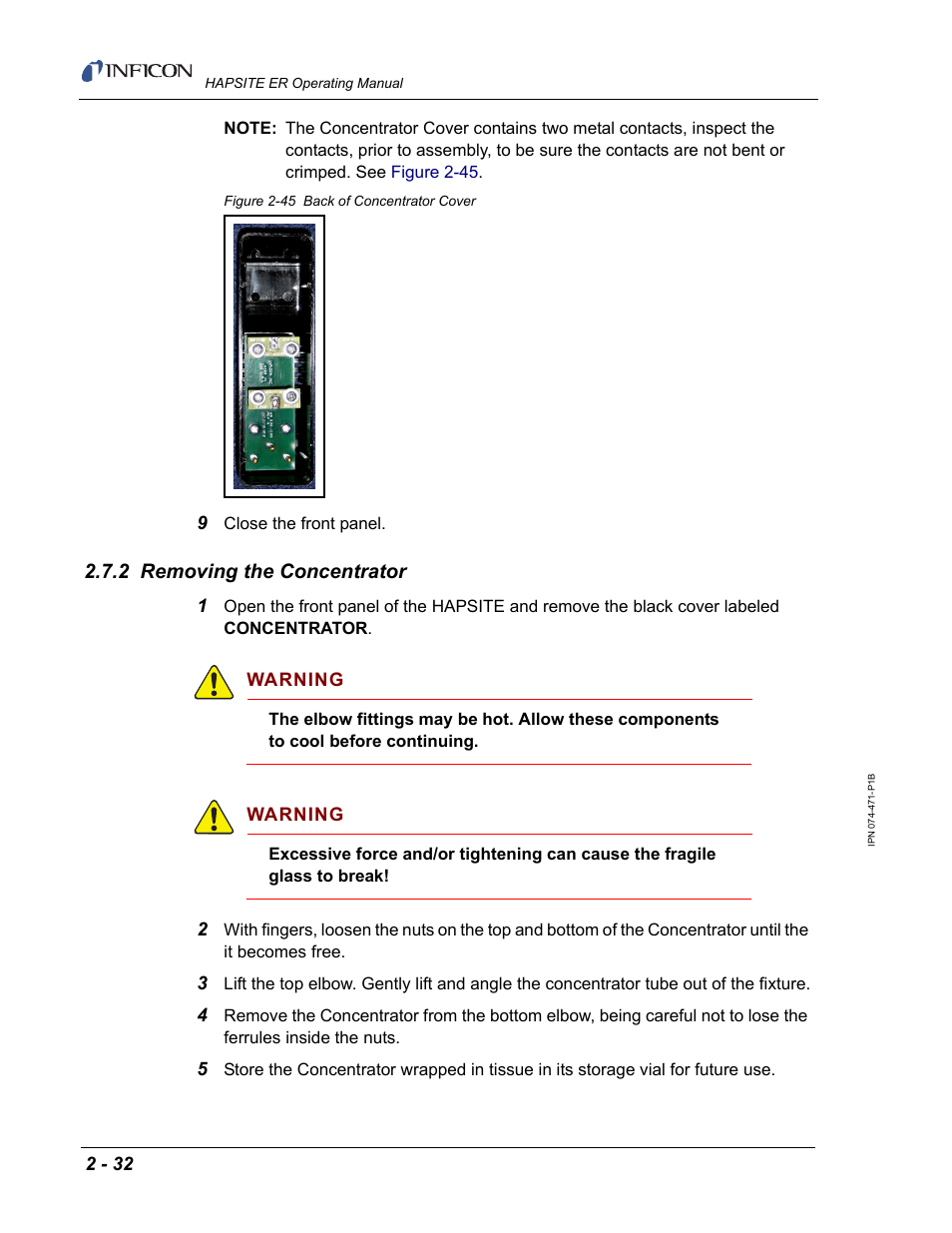 2 removing the concentrator | INFICON HAPSITE ER Chemical Identification System User Manual | Page 70 / 560