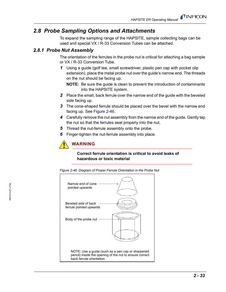 8 probe sampling options and attachments, 1 probe nut assembly | INFICON HAPSITE ER Chemical Identification System User Manual | Page 71 / 560