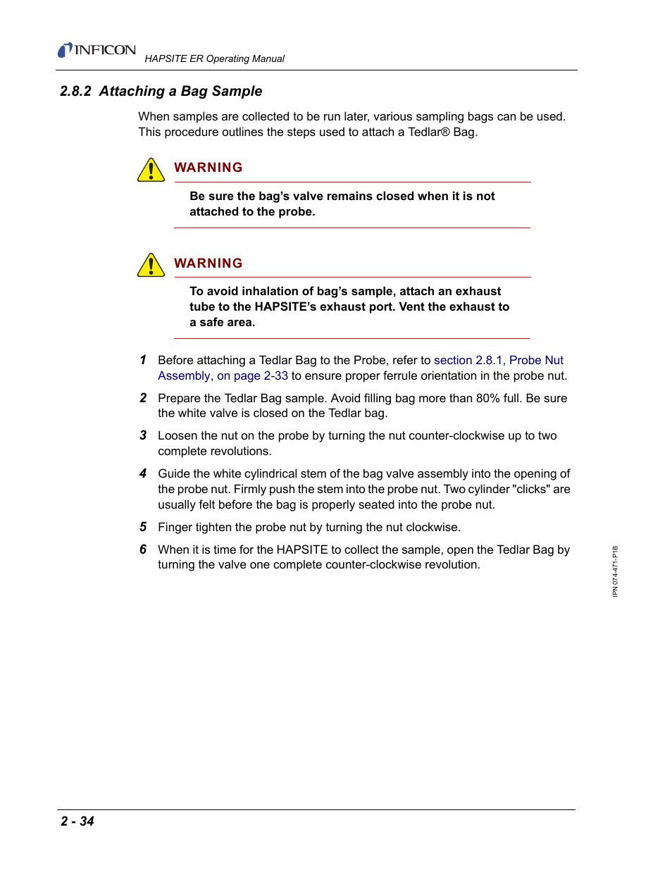 2 attaching a bag sample | INFICON HAPSITE ER Chemical Identification System User Manual | Page 72 / 560