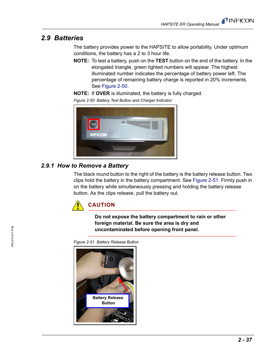 9 batteries, 1 how to remove a battery | INFICON HAPSITE ER Chemical Identification System User Manual | Page 75 / 560