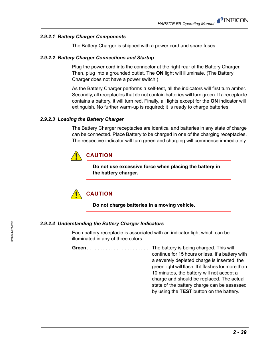 1 battery charger components, 2 battery charger connections and startup, 3 loading the battery charger | 4 understanding the battery charger indicators | INFICON HAPSITE ER Chemical Identification System User Manual | Page 77 / 560