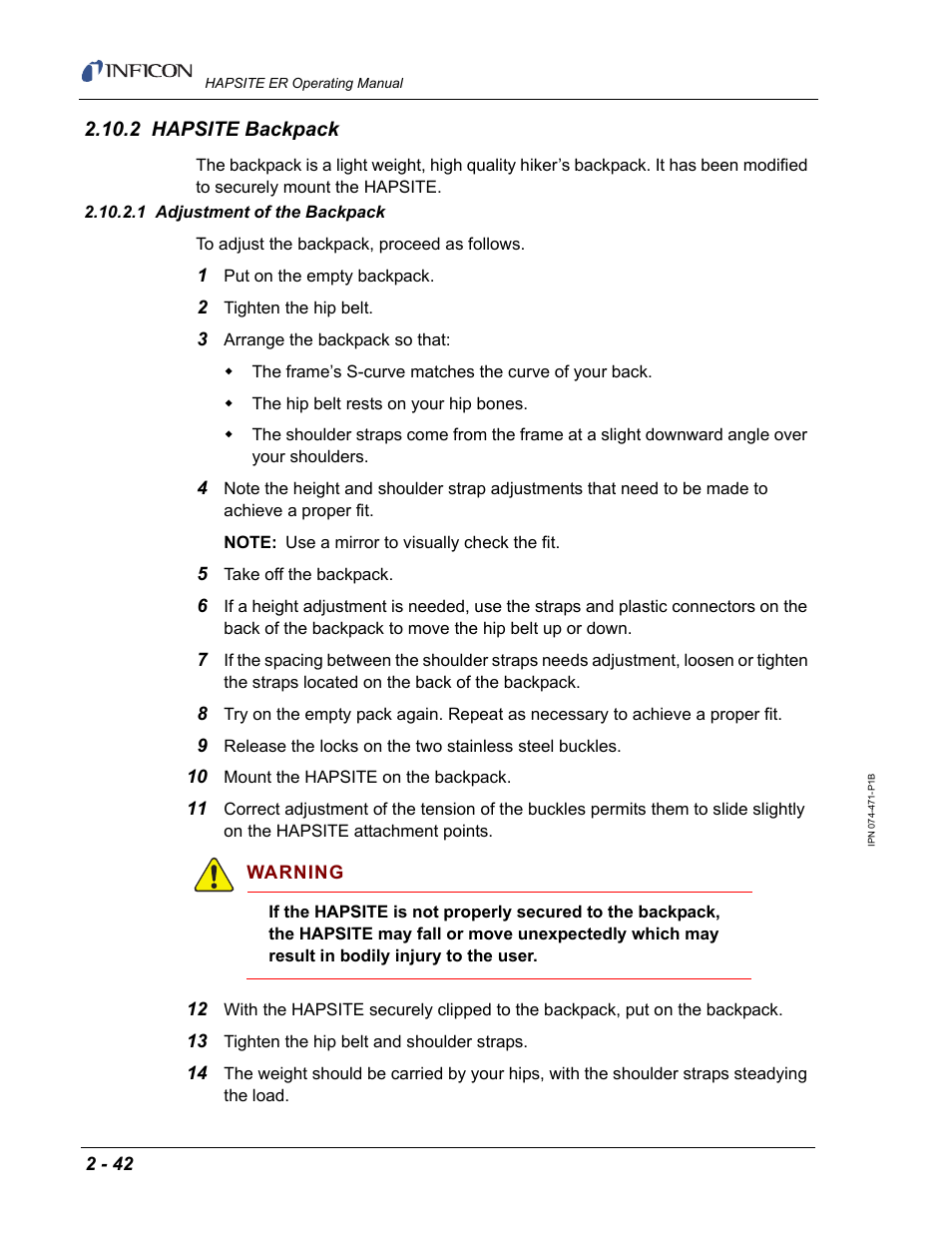 2 hapsite backpack, 1 adjustment of the backpack | INFICON HAPSITE ER Chemical Identification System User Manual | Page 80 / 560