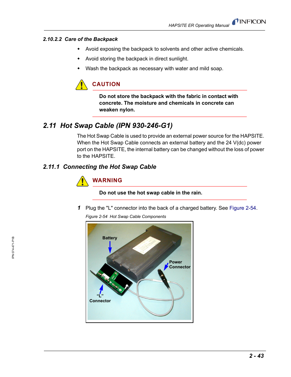 2 care of the backpack, 11 hot swap cable (ipn 930-246-g1), 1 connecting the hot swap cable | INFICON HAPSITE ER Chemical Identification System User Manual | Page 81 / 560