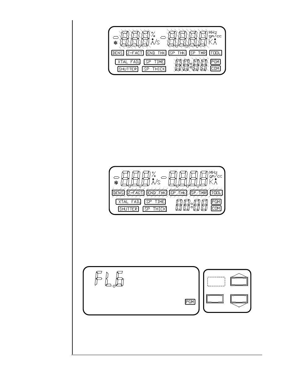 Figure 2.4: lcd data areas, Figure 2.5: lcd variable parameter legends, Film number parameter | Figure 2.6: film number parameter | INFICON STM-100/MF Thin Film Deposition Monitor User Manual | Page 24 / 99