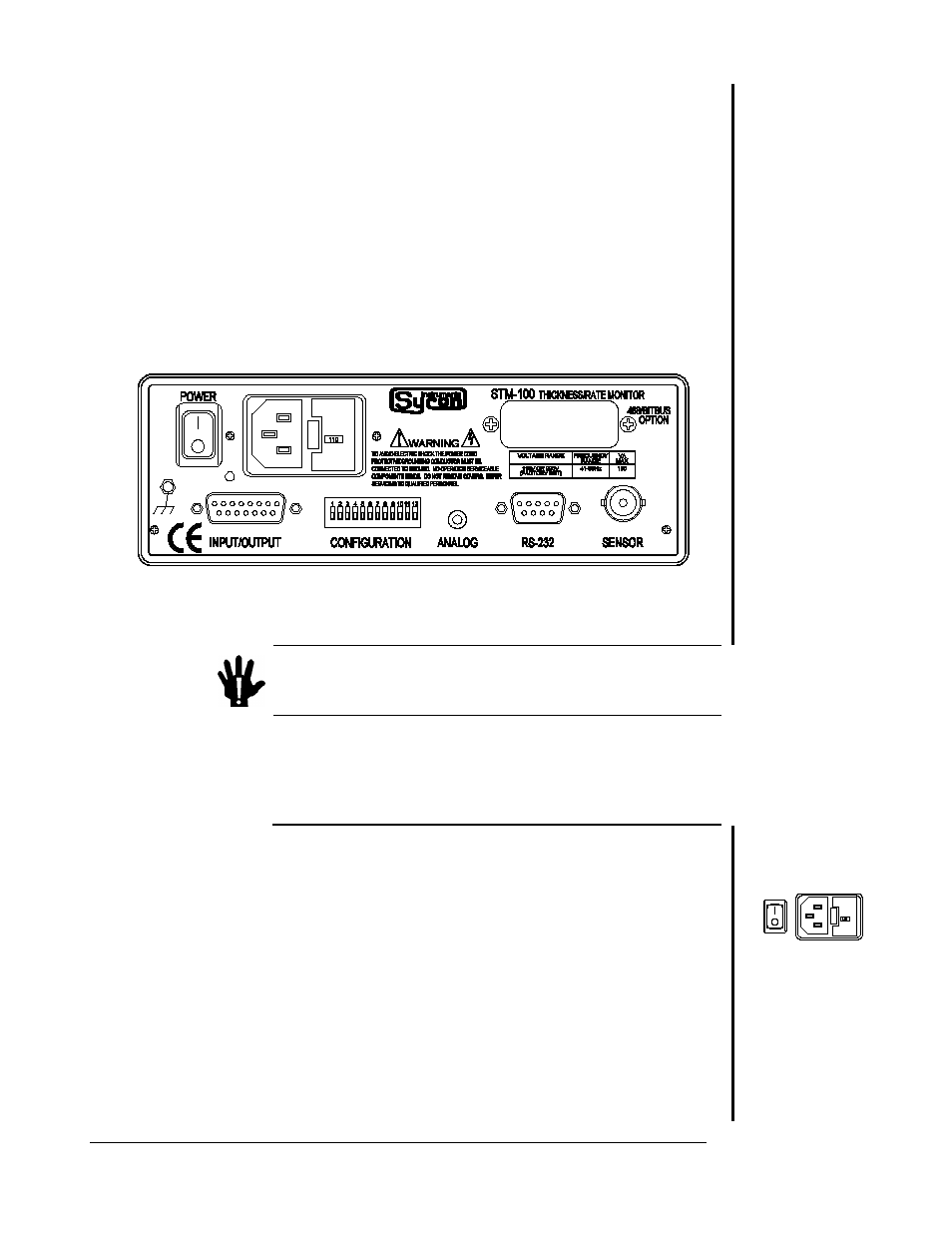 Installation, Electrical connections and descriptions, Section 3.1 | Figure 3.1: rear panel, Section 3.2, Line power warning, Line voltages | INFICON STM-100/MF Thin Film Deposition Monitor User Manual | Page 35 / 99