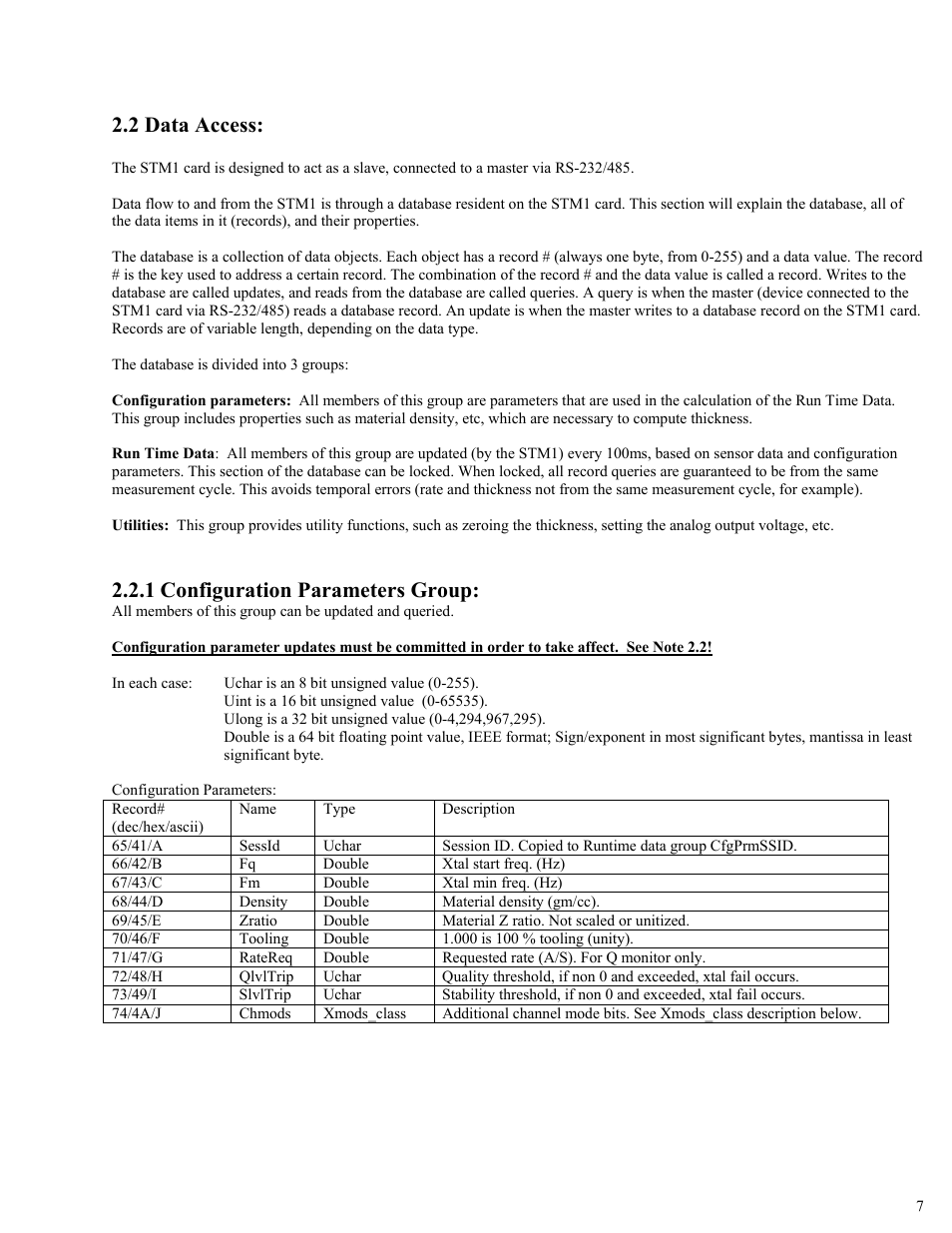 2 data access, Configuration parameters group | INFICON STM-1 Thin Film Deposition Monitor User Manual | Page 7 / 16