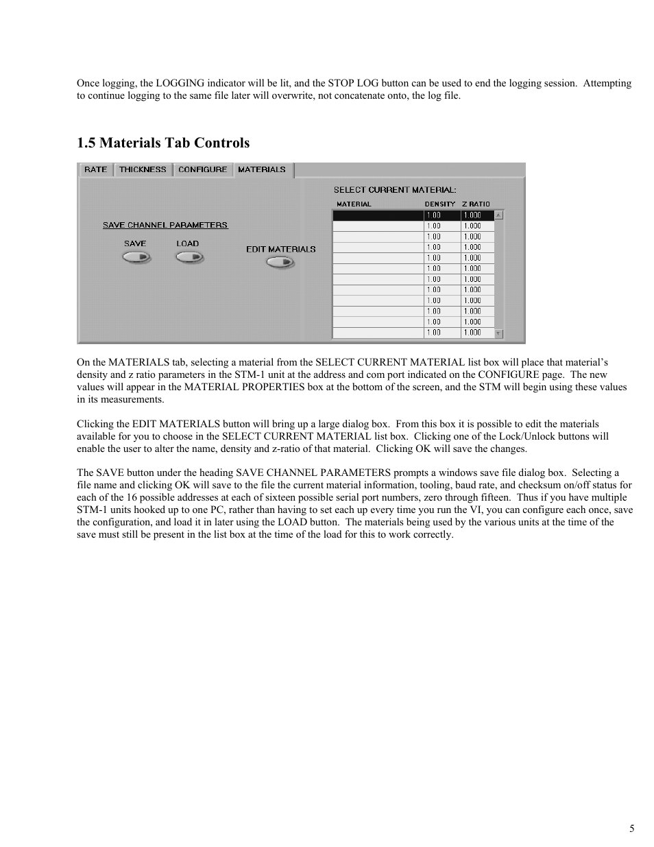 5 materials tab controls | INFICON STM-1 LabView Manual User Manual | Page 5 / 6