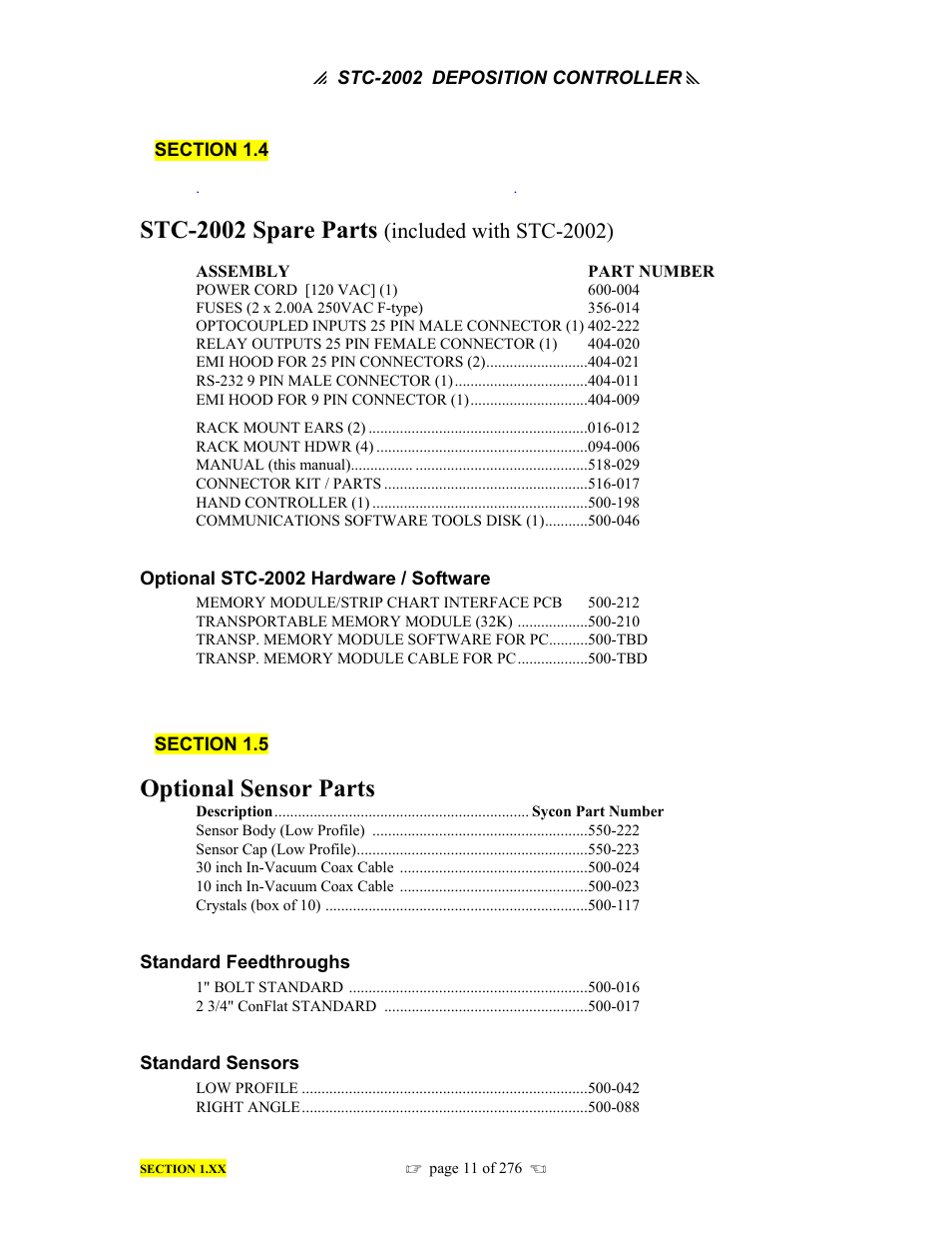 Stc-2002 spare parts, Optional sensor parts, Included with stc-2002) | INFICON STC-2002 Thin Film Deposition Controller Operating Manual User Manual | Page 13 / 278
