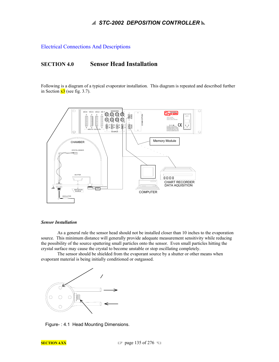 Sensor head installation, P stc-2002, Deposition controller y | Electrical connections and descriptions, Figure- : 4.1 head mounting dimensions | INFICON STC-2002 Thin Film Deposition Controller Operating Manual User Manual | Page 137 / 278