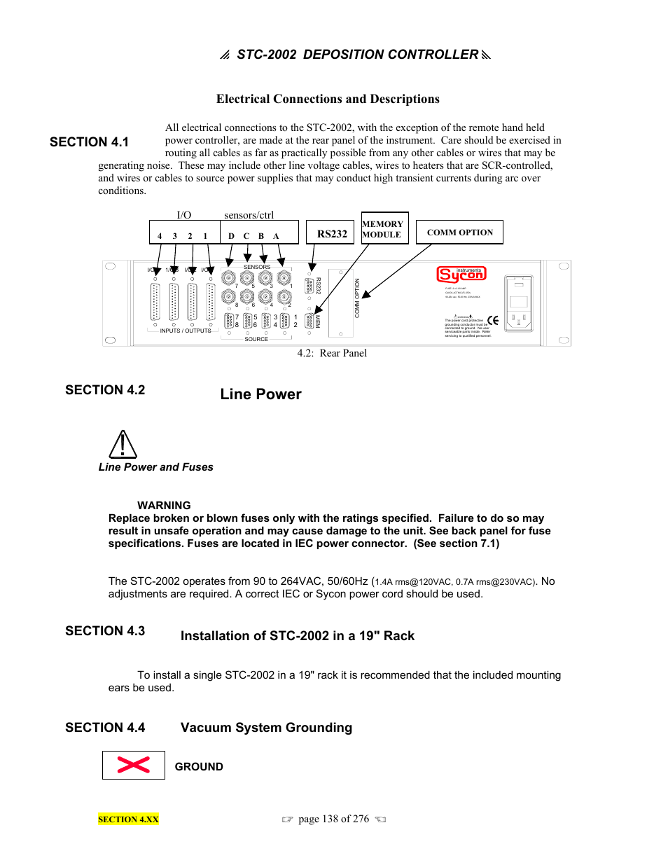 Line power, P stc-2002, Deposition controller y | Electrical connections and descriptions, Vacuum system grounding | INFICON STC-2002 Thin Film Deposition Controller Operating Manual User Manual | Page 140 / 278