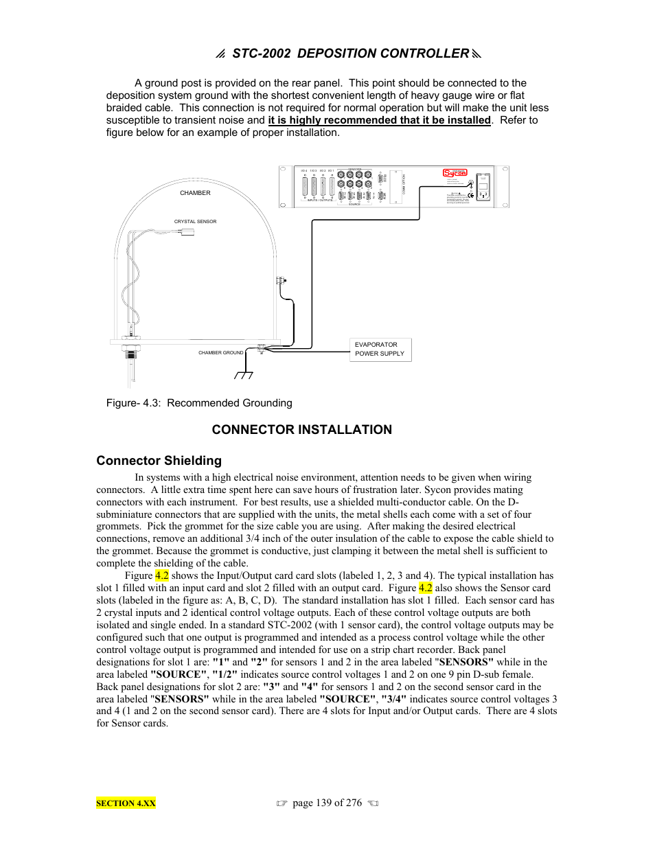 P stc-2002, Deposition controller y, Connector installation connector shielding | Figure- 4.3: recommended grounding, Warning | INFICON STC-2002 Thin Film Deposition Controller Operating Manual User Manual | Page 141 / 278