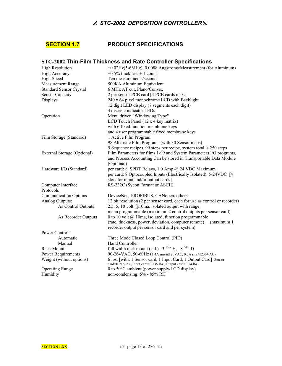 INFICON STC-2002 Thin Film Deposition Controller Operating Manual User Manual | Page 15 / 278
