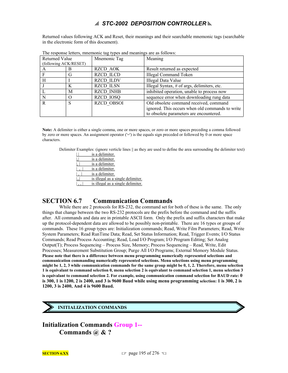 Initialization commands group 1-- commands | INFICON STC-2002 Thin Film Deposition Controller Operating Manual User Manual | Page 197 / 278