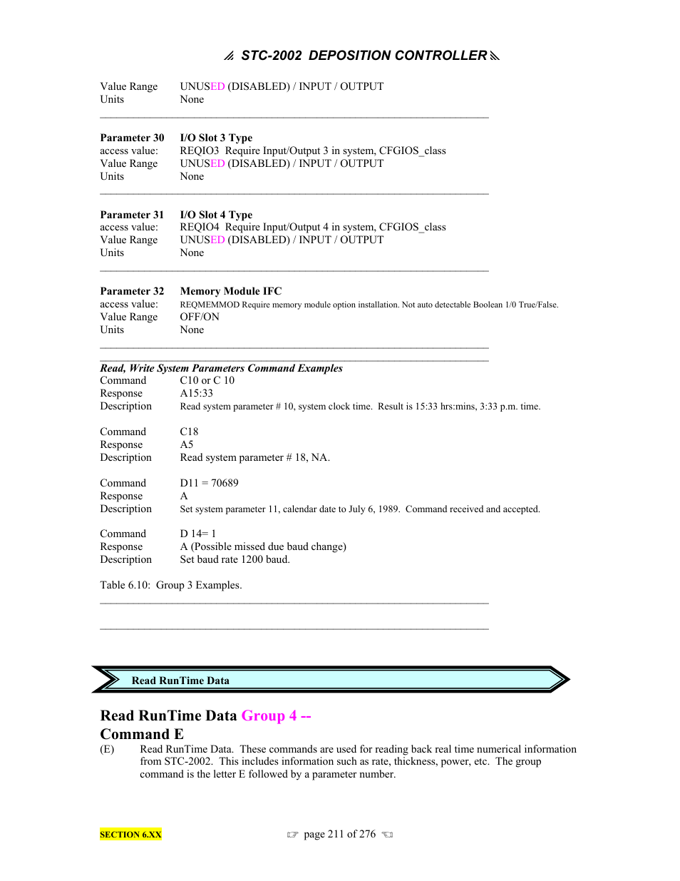 Read runtime data group 4 -- command e | INFICON STC-2002 Thin Film Deposition Controller Operating Manual User Manual | Page 213 / 278