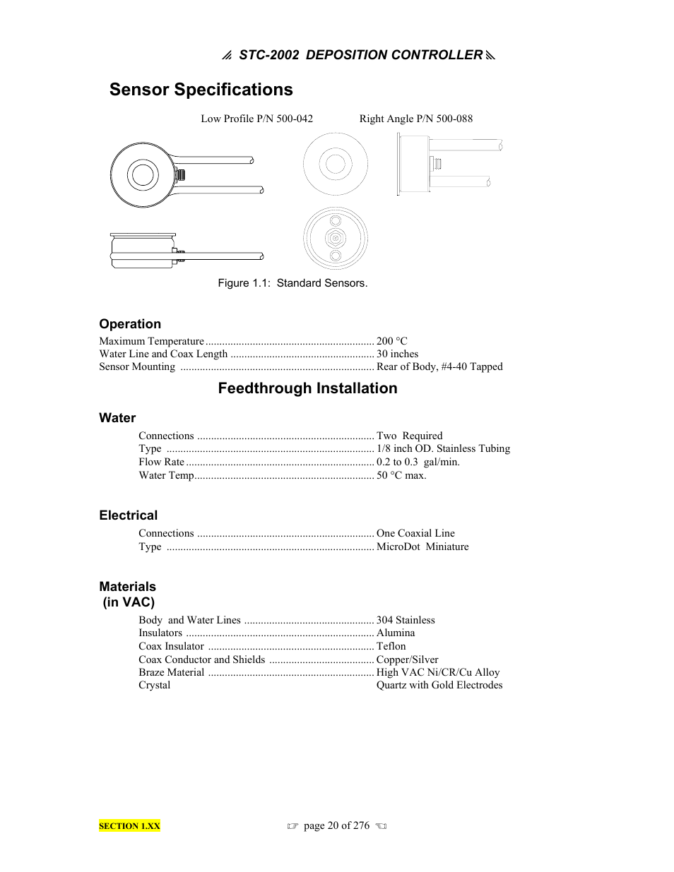 Sensor specifications, Feedthrough installation | INFICON STC-2002 Thin Film Deposition Controller Operating Manual User Manual | Page 22 / 278