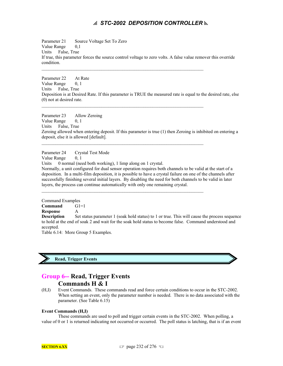 Group 6-- read, trigger events commands h & i | INFICON STC-2002 Thin Film Deposition Controller Operating Manual User Manual | Page 234 / 278