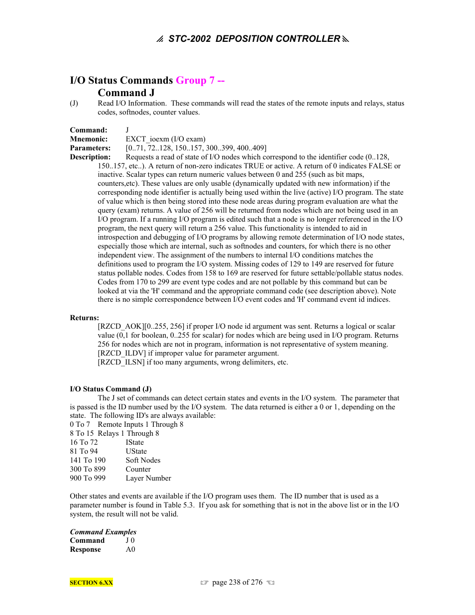 I/o status commands group 7 -- command j | INFICON STC-2002 Thin Film Deposition Controller Operating Manual User Manual | Page 240 / 278