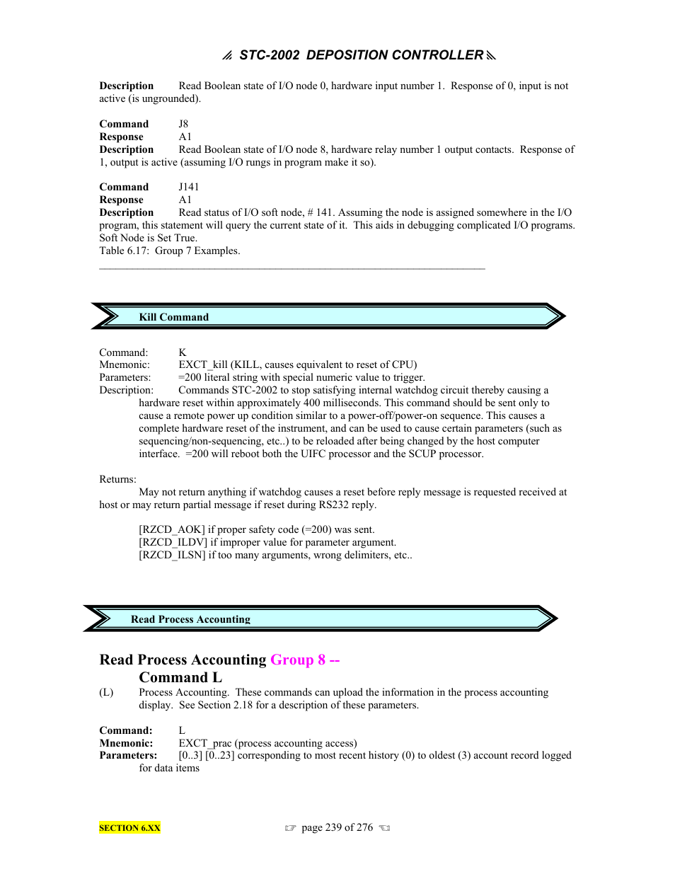 Read process accounting group 8 -- command l | INFICON STC-2002 Thin Film Deposition Controller Operating Manual User Manual | Page 241 / 278