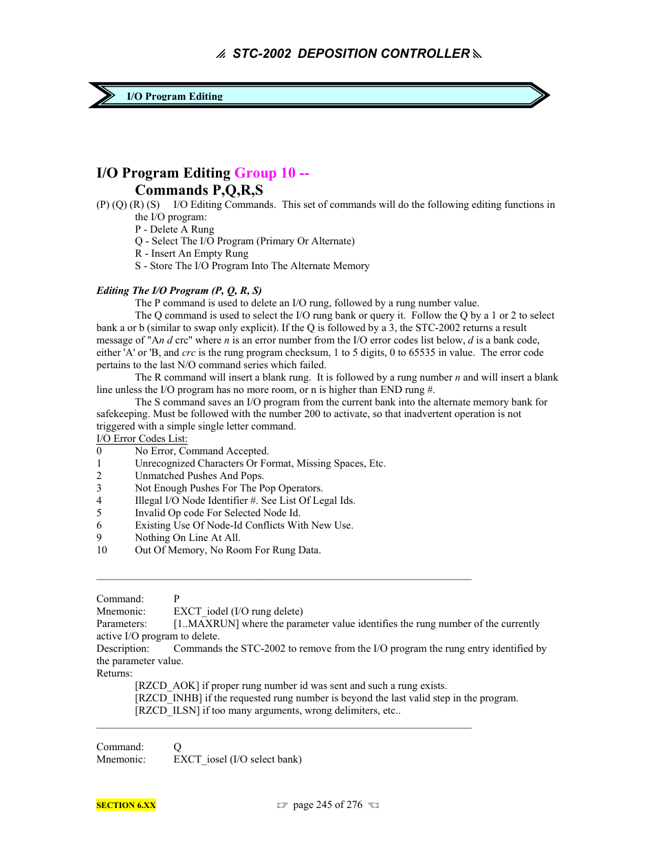I/o program editing group 10 -- commands p,q,r,s | INFICON STC-2002 Thin Film Deposition Controller Operating Manual User Manual | Page 247 / 278