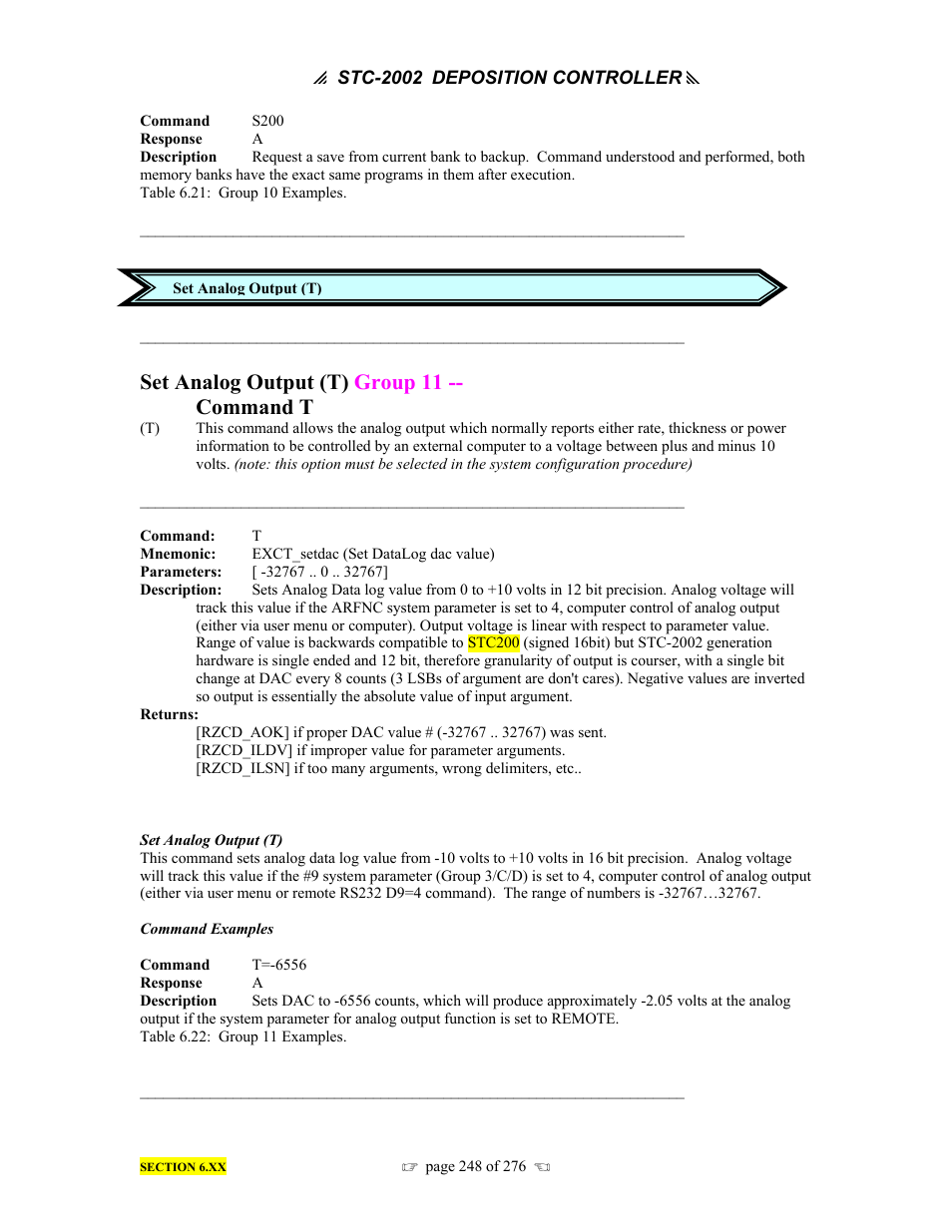 Set analog output (t) group 11, Command t | INFICON STC-2002 Thin Film Deposition Controller Operating Manual User Manual | Page 250 / 278