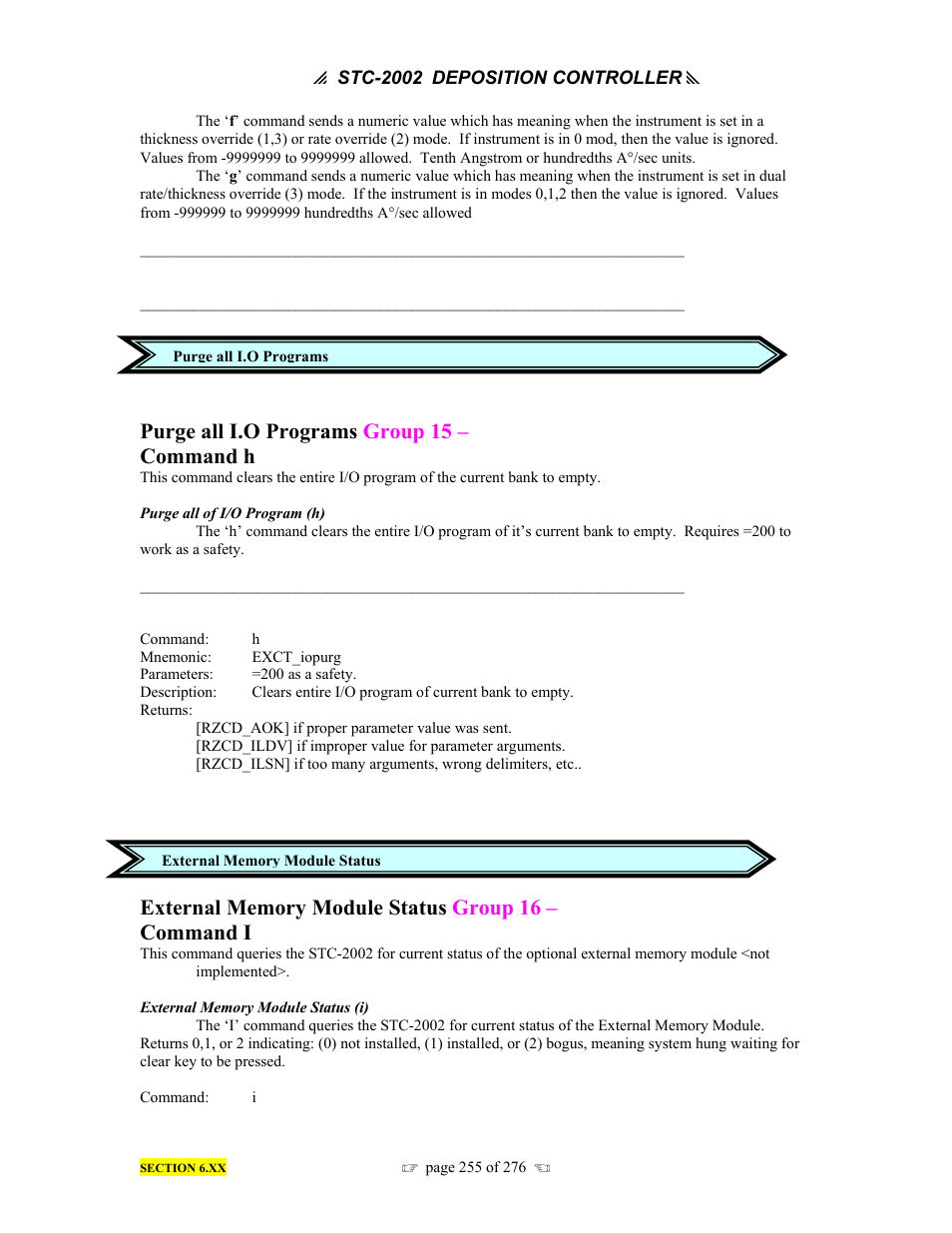 Purge all i.o programs group 15 – command h | INFICON STC-2002 Thin Film Deposition Controller Operating Manual User Manual | Page 257 / 278