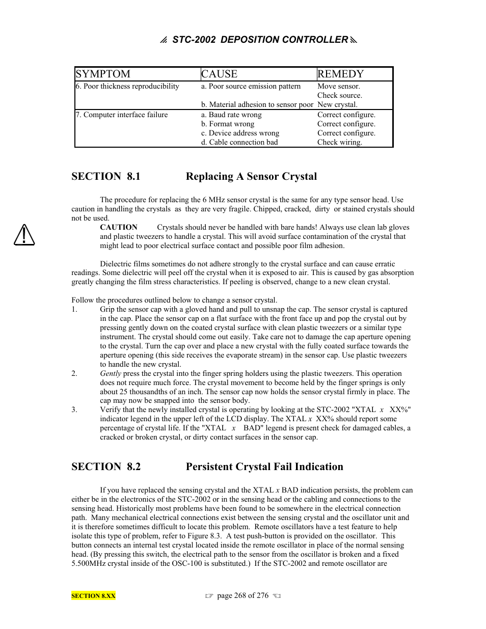 Symptom cause remedy | INFICON STC-2002 Thin Film Deposition Controller Operating Manual User Manual | Page 270 / 278