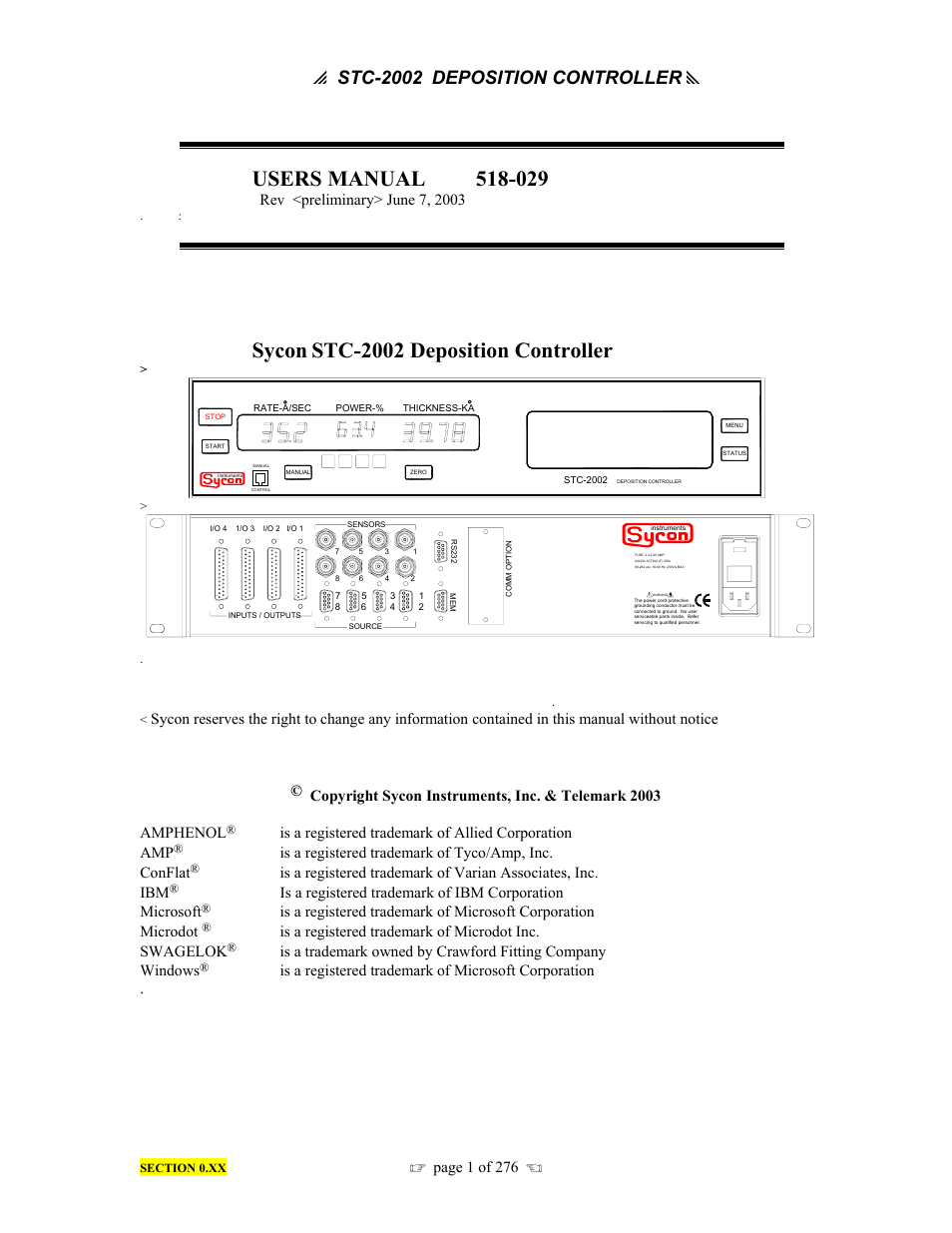 Sycon, Stc-2002 deposition controller, P stc-2002 | Deposition controller y, Is a registered trademark of microsoft corporation | INFICON STC-2002 Thin Film Deposition Controller Operating Manual User Manual | Page 3 / 278