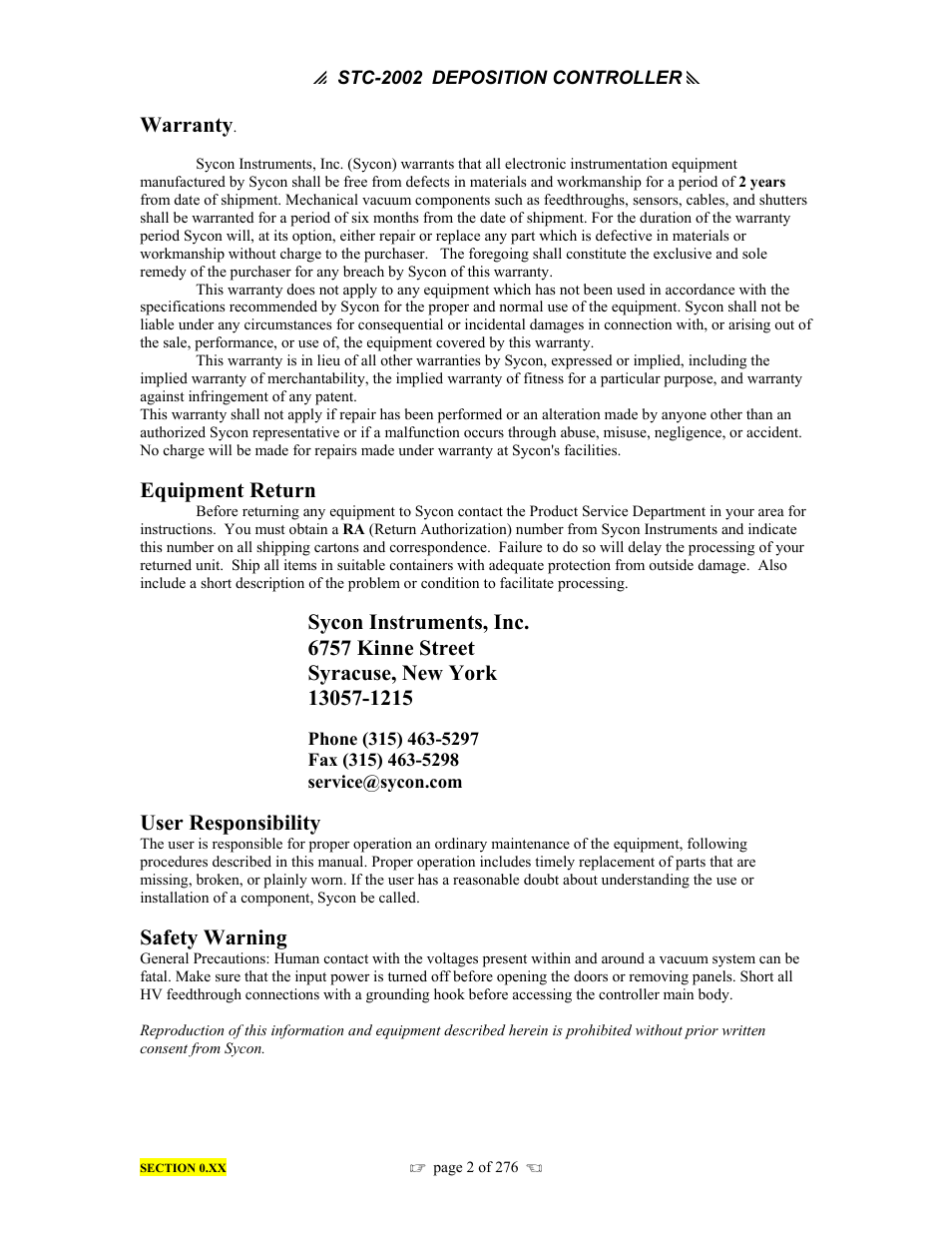 Warranty, Equipment return, User responsibility | Safety warning | INFICON STC-2002 Thin Film Deposition Controller Operating Manual User Manual | Page 4 / 278