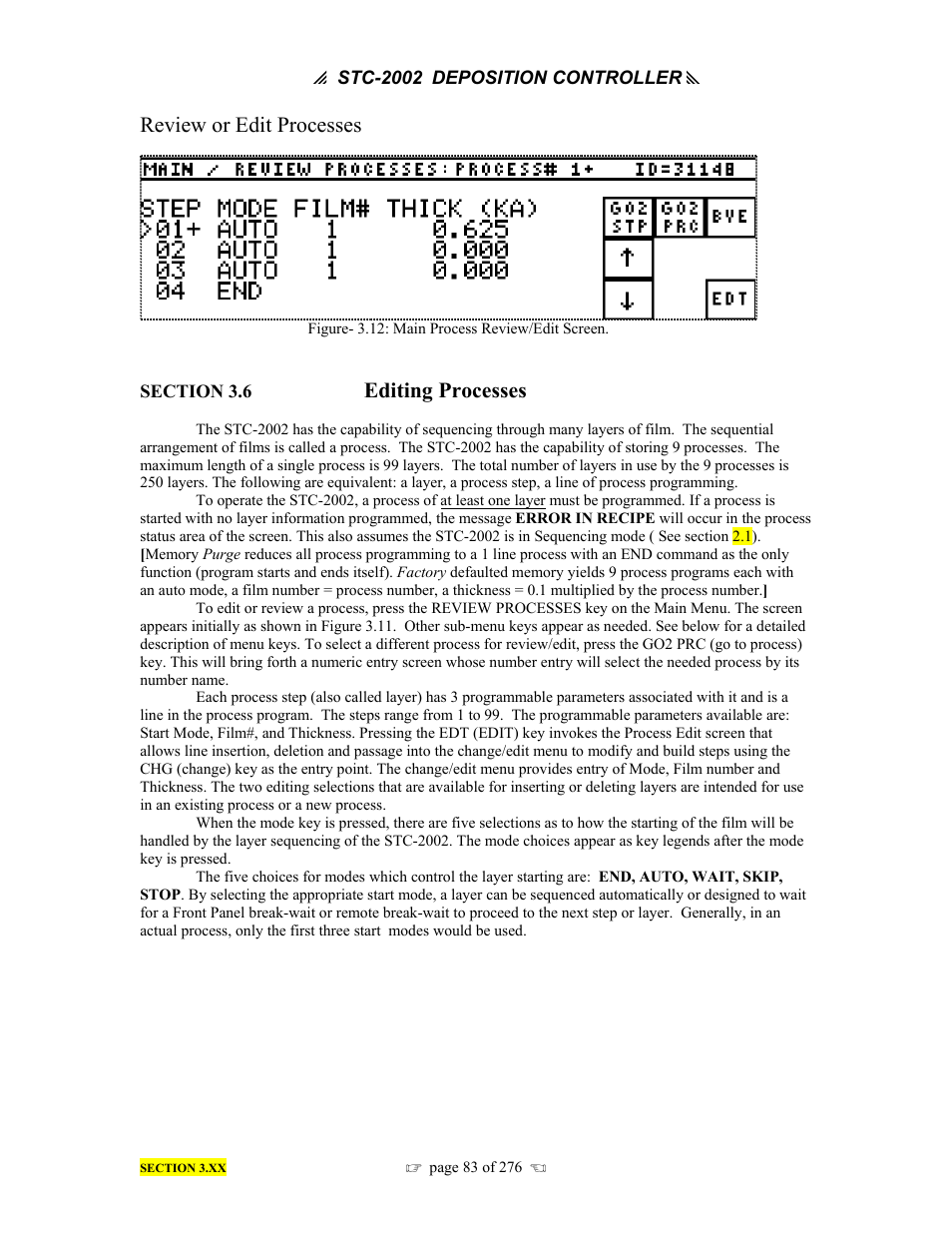 Review or edit processes, Editing processes | INFICON STC-2002 Thin Film Deposition Controller Operating Manual User Manual | Page 85 / 278