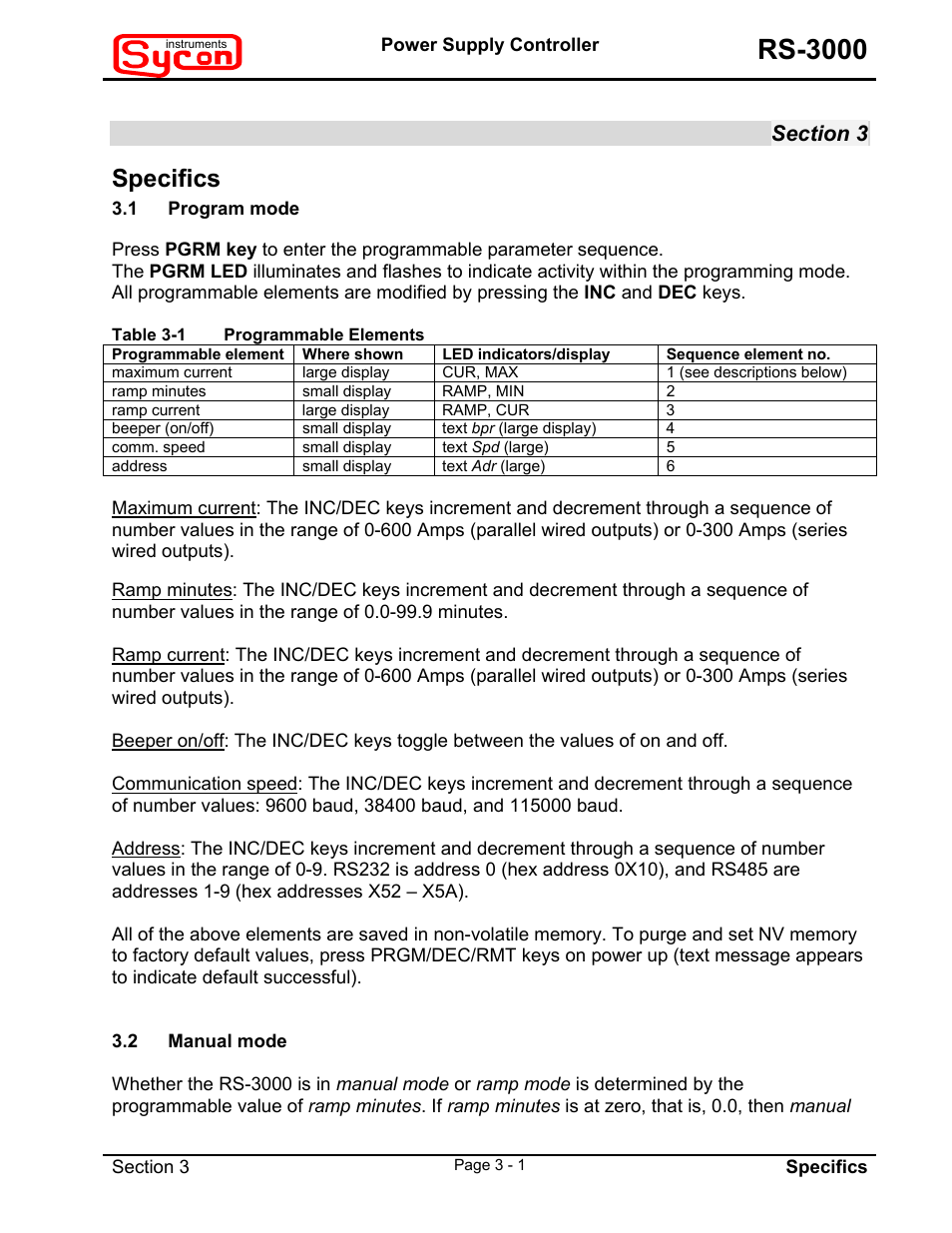 Section 3, Specifics, 1program mode | Table 3-1programmable elements, 2manual mode, Rs-3000 | INFICON RS-3000 Power Supply Controller User Manual | Page 12 / 26
