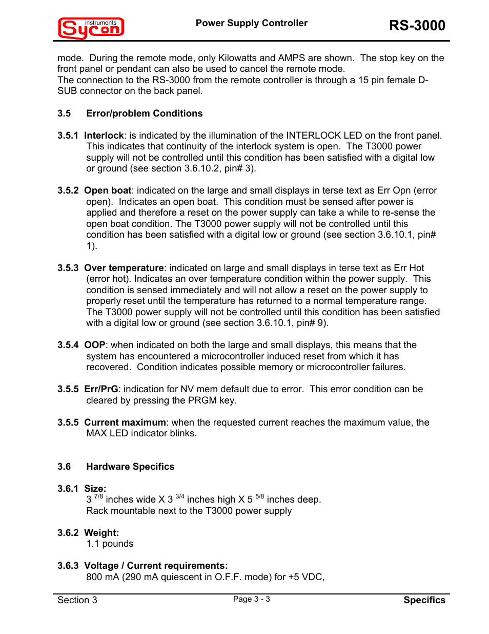 5error/problem conditions, 6hardware specifics, Rs-3000 | INFICON RS-3000 Power Supply Controller User Manual | Page 14 / 26