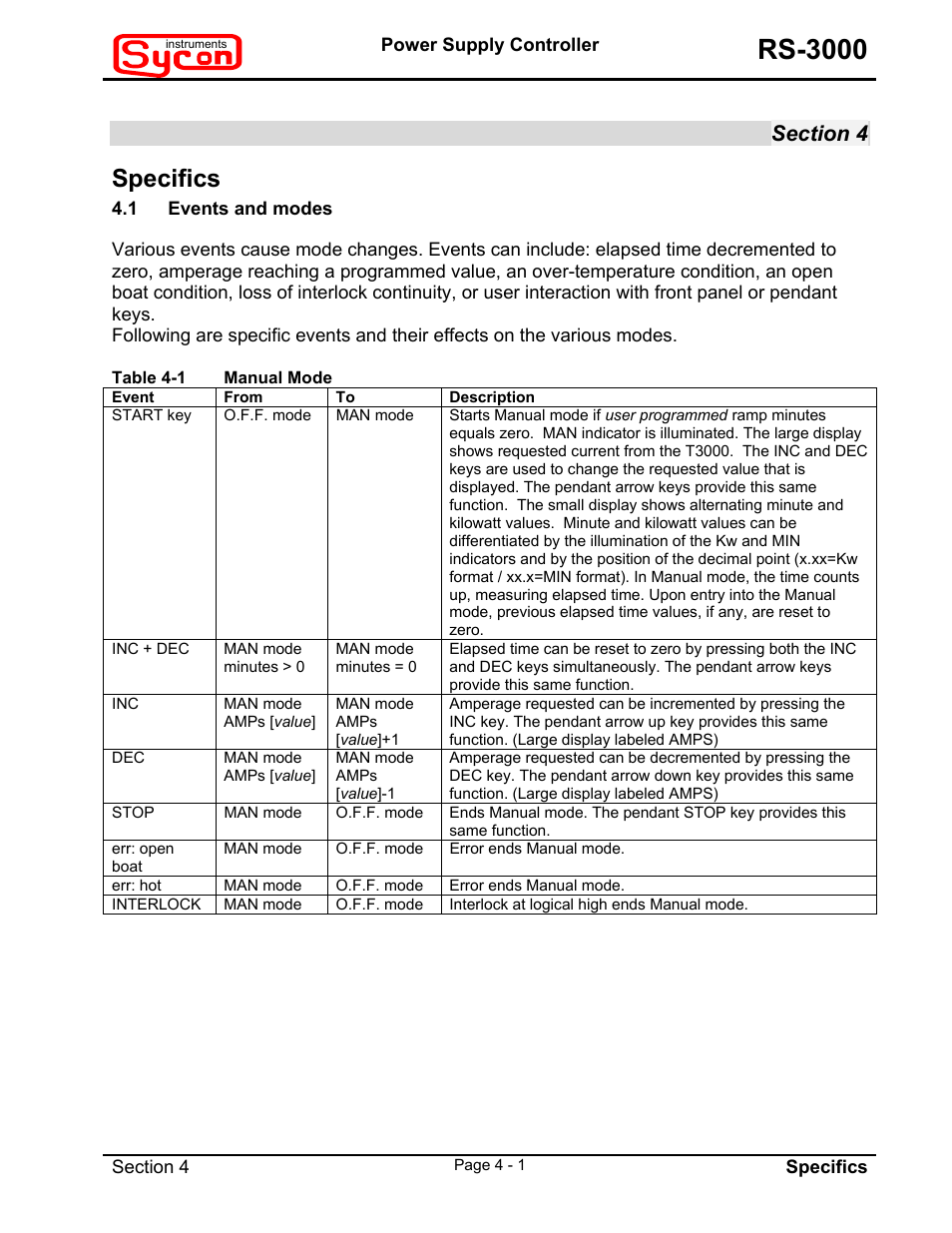 Section 4, Specifics, 1events and modes | Table 4-1manual mode, Rs-3000 | INFICON RS-3000 Power Supply Controller User Manual | Page 18 / 26