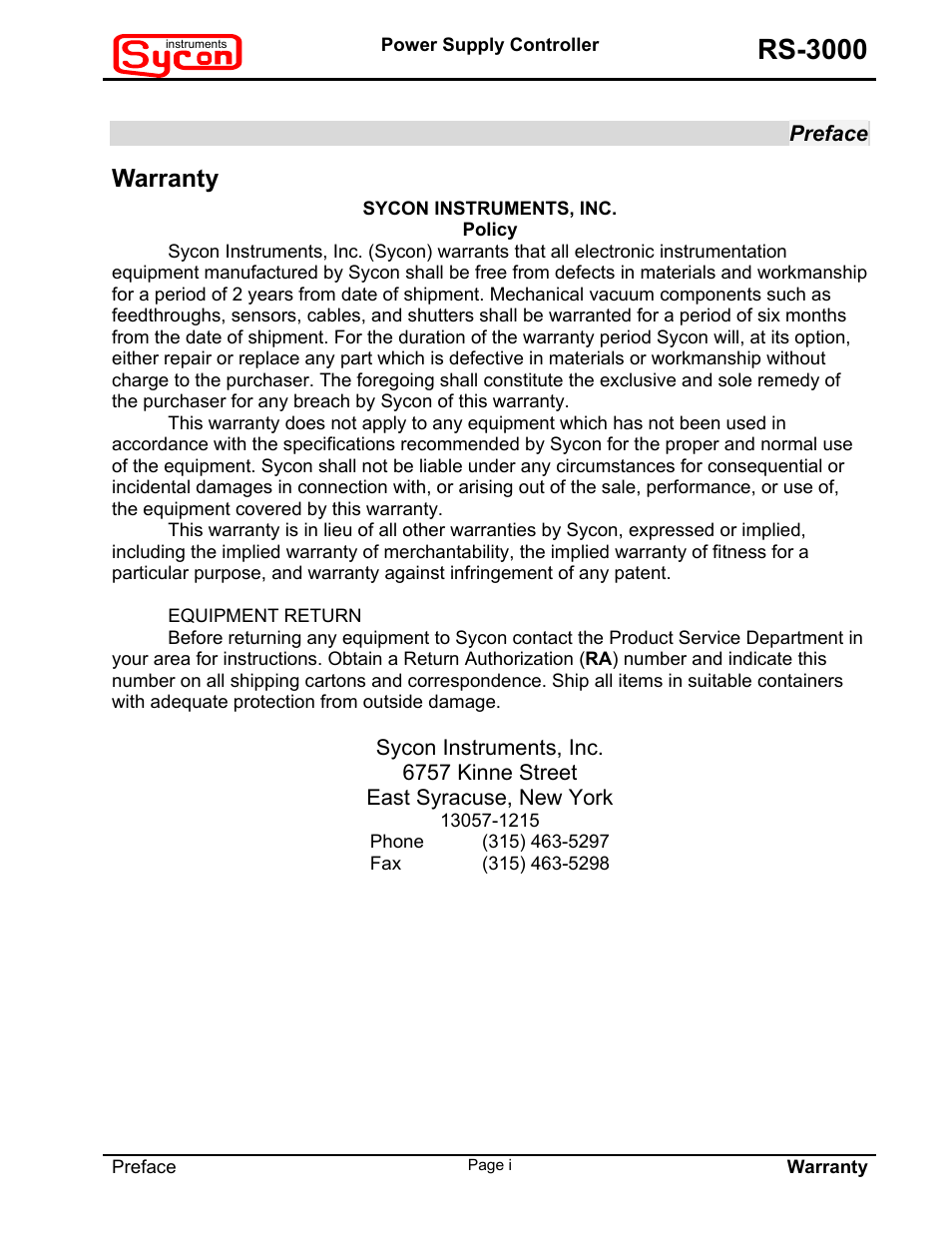 Preface, Warranty, Rs-3000 | INFICON RS-3000 Power Supply Controller User Manual | Page 2 / 26